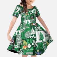 Norfolk Island Meri Krismas Family Matching Short Sleeve Bodycon Dress and Hawaiian Shirt Pacific Patchwork Xmas Vibes LT9 Daughter's Dress Green - Polynesian Pride
