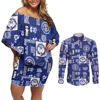 Northern Mariana Islands Magof Nochebuena Couples Matching Off Shoulder Short Dress and Long Sleeve Button Shirt Pacific Patchwork Xmas Vibes - Polynesian Pride