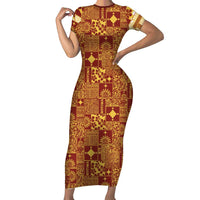 Rotuma Faiakse'ea 'e Kirisimasi Short Sleeve Bodycon Dress Pacific Patchwork Xmas Vibes LT9 Long Dress Red - Polynesian Pride