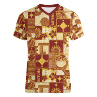 Rotuma Faiakse'ea 'e Kirisimasi Women V-Neck T-Shirt Pacific Patchwork Xmas Vibes LT9 Female Red - Polynesian Pride