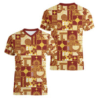 Rotuma Faiakse'ea 'e Kirisimasi Women V-Neck T-Shirt Pacific Patchwork Xmas Vibes LT9 - Polynesian Pride