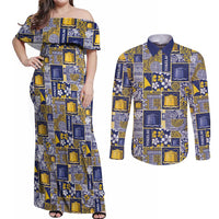Tokelau Manuia te Kilihimahi Couples Matching Off Shoulder Maxi Dress and Long Sleeve Button Shirt Pacific Patchwork Xmas Vibes - Polynesian Pride