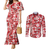 Wallis Et Futuna Kilisimasi Fiefia Couples Matching Mermaid Dress and Long Sleeve Button Shirt Pacific Patchwork Xmas Vibes - Polynesian Pride