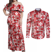 Wallis Et Futuna Kilisimasi Fiefia Couples Matching Off Shoulder Maxi Dress and Long Sleeve Button Shirt Pacific Patchwork Xmas Vibes - Polynesian Pride