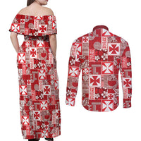 Wallis Et Futuna Kilisimasi Fiefia Couples Matching Off Shoulder Maxi Dress and Long Sleeve Button Shirt Pacific Patchwork Xmas Vibes - Polynesian Pride