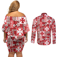 Wallis Et Futuna Kilisimasi Fiefia Couples Matching Off Shoulder Short Dress and Long Sleeve Button Shirt Pacific Patchwork Xmas Vibes - Polynesian Pride