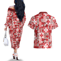 Wallis Et Futuna Kilisimasi Fiefia Couples Matching Off The Shoulder Long Sleeve Dress and Hawaiian Shirt Pacific Patchwork Xmas Vibes - Polynesian Pride