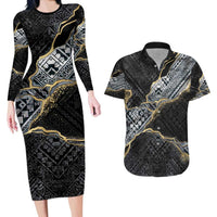 Polynesian Tribal Tattoo Couples Matching Long Sleeve Bodycon Dress and Hawaiian Shirt Dark Marble Pattern
