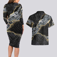 Polynesian Tribal Tattoo Couples Matching Long Sleeve Bodycon Dress and Hawaiian Shirt Dark Marble Pattern