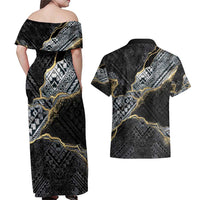 Polynesian Tribal Tattoo Couples Matching Off Shoulder Maxi Dress and Hawaiian Shirt Dark Marble Pattern