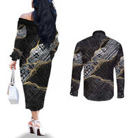 Polynesian Tribal Tattoo Couples Matching Off The Shoulder Long Sleeve Dress and Long Sleeve Button Shirt Dark Marble Pattern LT9 - Polynesian Pride