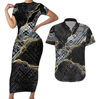 Polynesian Tribal Tattoo Couples Matching Short Sleeve Bodycon Dress and Hawaiian Shirt Dark Marble Pattern