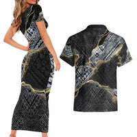 Polynesian Tribal Tattoo Couples Matching Short Sleeve Bodycon Dress and Hawaiian Shirt Dark Marble Pattern