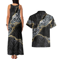 Polynesian Tribal Tattoo Couples Matching Tank Maxi Dress and Hawaiian Shirt Dark Marble Pattern
