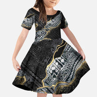 Polynesian Tribal Tattoo Family Matching Off Shoulder Maxi Dress and Hawaiian Shirt Dark Marble Pattern