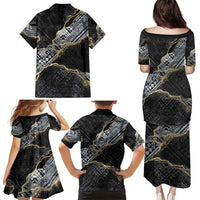 Polynesian Tribal Tattoo Family Matching Puletasi and Hawaiian Shirt Dark Marble Pattern