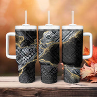 Polynesian Tribal Tattoo Tumbler With Handle Dark Marble Pattern