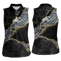 Polynesian Tribal Tattoo Women Sleeveless Polo Shirt Dark Marble Pattern