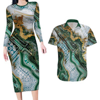 Polynesian Tribal Tattoo Couples Matching Long Sleeve Bodycon Dress and Hawaiian Shirt Green Marble Pattern