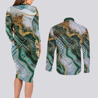 Polynesian Tribal Tattoo Couples Matching Long Sleeve Bodycon Dress and Long Sleeve Button Shirt Green Marble Pattern LT9 - Polynesian Pride