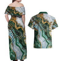 Polynesian Tribal Tattoo Couples Matching Off Shoulder Maxi Dress and Hawaiian Shirt Green Marble Pattern
