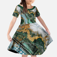 Polynesian Tribal Tattoo Family Matching Off The Shoulder Long Sleeve Dress and Hawaiian Shirt Green Marble Pattern