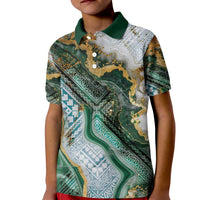 Polynesian Tribal Tattoo Kid Polo Shirt Green Marble Pattern