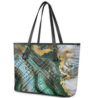 Polynesian Tribal Tattoo Leather Tote Bag Green Marble Pattern