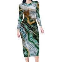 Polynesian Tribal Tattoo Long Sleeve Bodycon Dress Green Marble Pattern