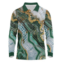 Polynesian Tribal Tattoo Long Sleeve Polo Shirt Green Marble Pattern
