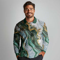 Polynesian Tribal Tattoo Long Sleeve Polo Shirt Green Marble Pattern