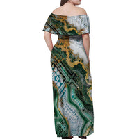 Polynesian Tribal Tattoo Off Shoulder Maxi Dress Green Marble Pattern