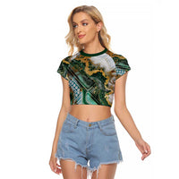 Polynesian Tribal Tattoo Raglan Cropped T Shirt Green Marble Pattern
