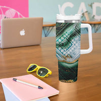 Polynesian Tribal Tattoo Tumbler With Handle Green Marble Pattern
