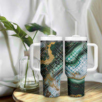 Polynesian Tribal Tattoo Tumbler With Handle Green Marble Pattern