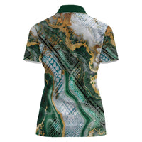 Polynesian Tribal Tattoo Women Polo Shirt Green Marble Pattern