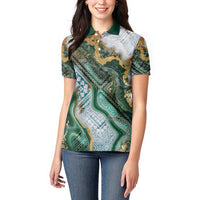 Polynesian Tribal Tattoo Women Polo Shirt Green Marble Pattern