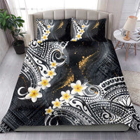 Polynesian Tribal Tattoo Bedding Set Plumeria Black Gold Marble Pattern