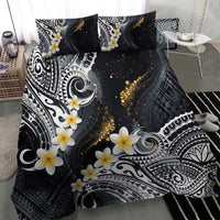 Polynesian Tribal Tattoo Bedding Set Plumeria Black Gold Marble Pattern