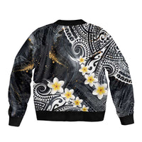 Polynesian Tribal Tattoo Bomber Jacket Plumeria Black Gold Marble Pattern