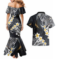 Polynesian Tribal Tattoo Couples Matching Mermaid Dress and Hawaiian Shirt Plumeria Black Gold Marble Pattern