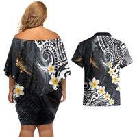 Polynesian Tribal Tattoo Couples Matching Off Shoulder Short Dress and Hawaiian Shirt Plumeria Black Gold Marble Pattern
