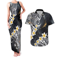 Polynesian Tribal Tattoo Couples Matching Tank Maxi Dress and Hawaiian Shirt Plumeria Black Gold Marble Pattern