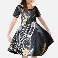 Polynesian Tribal Tattoo Family Matching Off Shoulder Maxi Dress and Hawaiian Shirt Plumeria Black Gold Marble Pattern