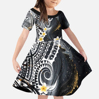 Polynesian Tribal Tattoo Family Matching Puletasi and Hawaiian Shirt Plumeria Black Gold Marble Pattern LT9 Daughter's Dress Black - Polynesian Pride