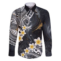 Polynesian Tribal Tattoo Family Matching Puletasi and Hawaiian Shirt Plumeria Black Gold Marble Pattern LT9 Dad's Shirt - Long Sleeve Black - Polynesian Pride
