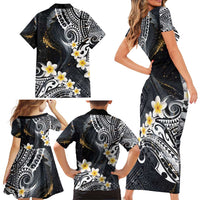 Polynesian Tribal Tattoo Family Matching Short Sleeve Bodycon Dress and Hawaiian Shirt Plumeria Black Gold Marble Pattern