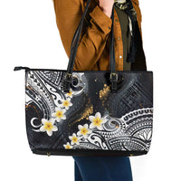 Polynesian Tribal Tattoo Leather Tote Bag Plumeria Black Gold Marble Pattern