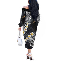 Polynesian Tribal Tattoo Off The Shoulder Long Sleeve Dress Plumeria Black Gold Marble Pattern LT9 - Polynesian Pride