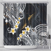 Polynesian Tribal Tattoo Shower Curtain Plumeria Black Gold Marble Pattern